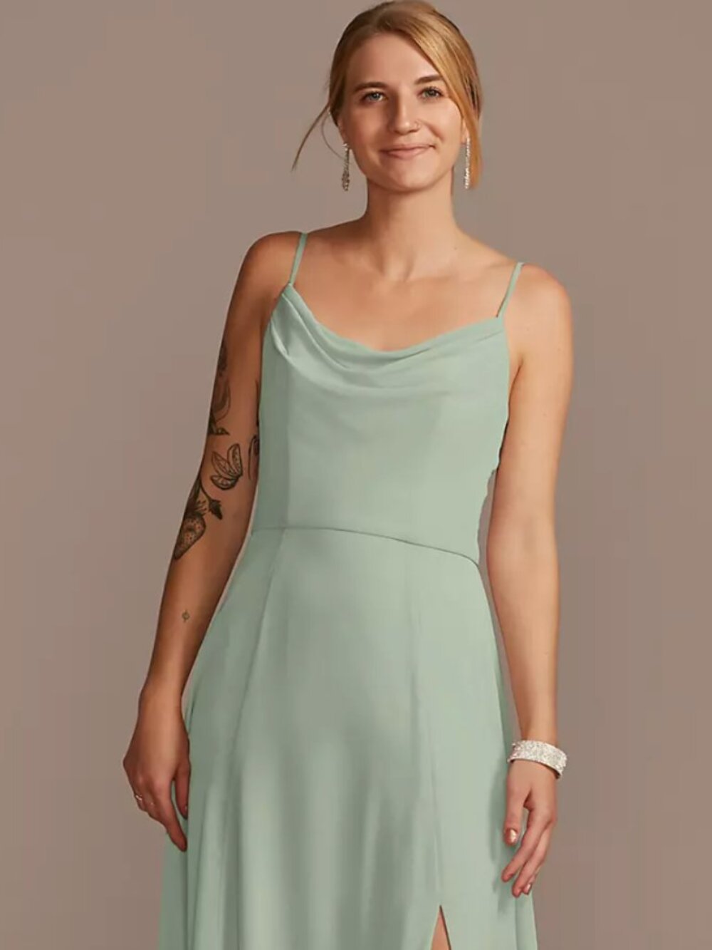 David’s Bridal Cowl Neck Chiffon Dress with Slit